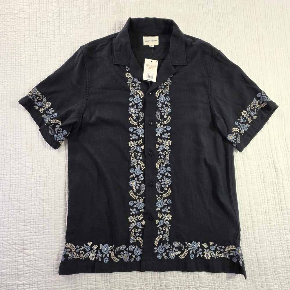 Lucky Brand Mens Caviar Black Floral Paisley Embroidered Camp Shirt NWT Small S